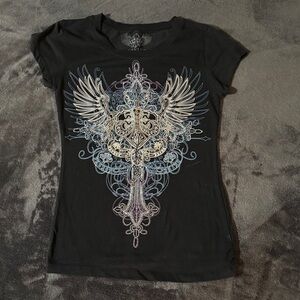 Elegant Black Tee with Winged Graphic
